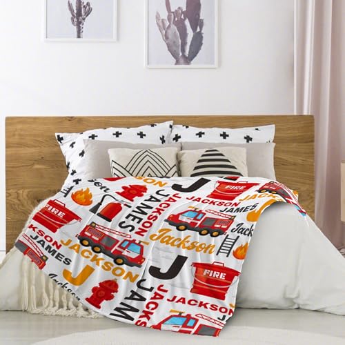Image of Fire Trucks Firefighter Custom Blanket Gifts Personalized Fire Trucks Throw Blankets for Boys Girls Super Soft Fleece Flannel Air Conditioning Blanket for Couch Bed 60x50 in for Teen