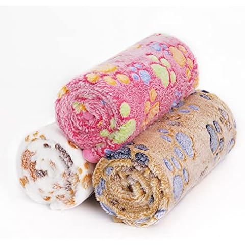 Comsmart Dog Blankets for Dog and Cat, Cute Paw Print Dog Bed Blanket, Soft Warm Fleece Throw Pet Blanket for Small Medium Large Dog, Puppy, Kitten, Guinea Pig (Brown/Pink/White, 1 Pack 3, 24 * 32in) Cover