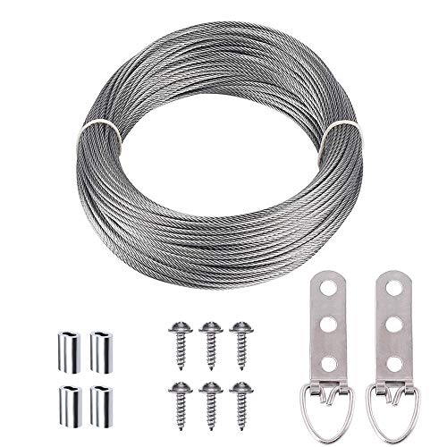 Picture Frame Hanging Wire Kit, Stainless Steel Wire with 10 Pieces 3 Holes D-Ring Picture Hangers with Screws and 20 Pieces Aluminum Crimping Loop Sleeve, Supports up to 110 Lbs (1.5 mm x 65 Feet)