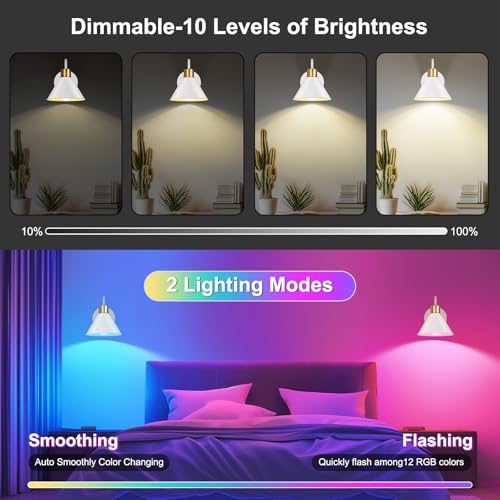 Image of Frideko Rechargeable Battery Operated Wall Sconces Set of Two with Remote, RGB 15 Colors Dimmable White Wall Light, Indoor Battery Powered Wireless Sconce with 4 Timer for Living Room Bedroom