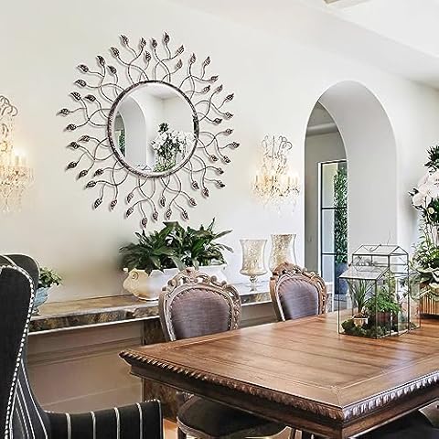 Chende Round Mirror for Dining Room Decor, 32" x 32" Large Mirror for Living Room with Removable Leaves, Beveled Edge and Metal Frame, Decorative Wall Mirror for Entrance Decor Cover