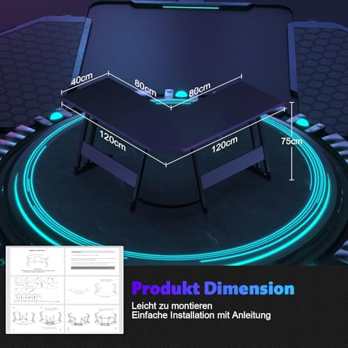 Gaming Tisch, Computertisch,Eckschreibtisch,Schreibtisch L Form,Gaming Schreibtisch L-förmiger,Groß Pc Ecktisch (Schwarz Mattiert, 120x120cm) – Bild 4