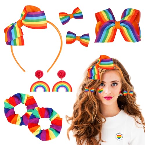XEPST 7 PCS LGBTQ Accessoires, Pride Accessoires mit LGBTQ Armband Regenbogen Armband Ohrringe Stirnband Haarnadel Pride Outfit CSD Outfit für Pride Month