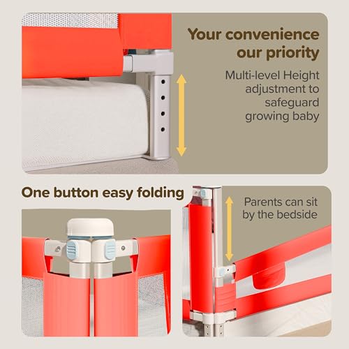 Image of LuvLap Alloy Steel Bed Rail Guard for Baby /Kids Safety, 180cm x 72 cm(6ft x 2.3ft), Portable & Foldable, Baby Safety Essential, Adjustable Height, fits All Bed Sizes (Red - Without Print)