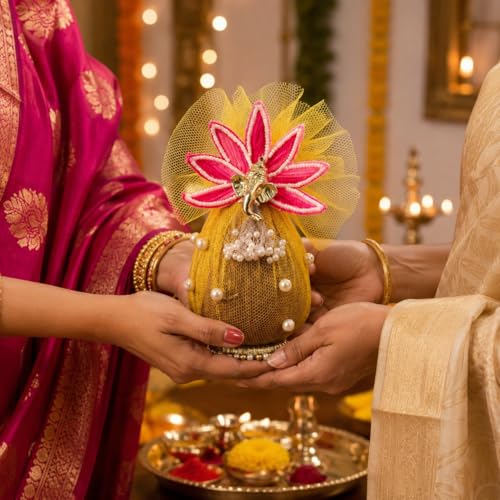 Image of Decorative Nariyal with Ganesha for Pooja Wedding Kalash Craft Decoration Spiritual Religious Festive Use Traditional Decorative Item