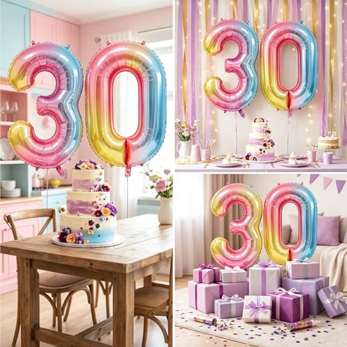 Image of Rainbow Number Balloons Birthday Balloons - Giant Number 30 Balloon 40 inch, Numbers Balloon Birthday Decorations, Rainbow Party Supplies for Baby Shower