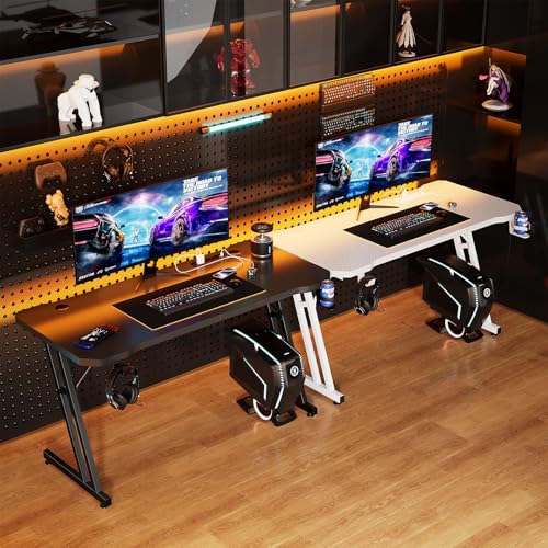 Image of Czlolo 47 Inch Gaming Desk with Power Outlets, L-Shape Leg Computer Desk, Gamer Desk for Small Space, Wtih Cup Holder, Headphone Stand, USB＆ Tpye-C Ports, Carbon Fiber Surface, Black