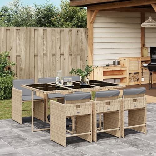 IKAYAA Rattan Gartenmöbel Set mit 6 Gartenstuhl Garten Sitzgruppe 6 Personen Polyrattan Sitzgruppe Essgruppe Outdoor Sitzgarnitur Gartengarnitur Rattanmöbel -Mischung aus Beige-7-tlg-Typ 2