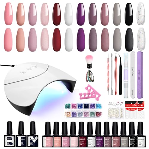 PHOENIXY Kit Unghie Gel Completo, 12 Colori, Lampada UV/LED 36W, Accessori, Set Unghie Semipermanente Professionale