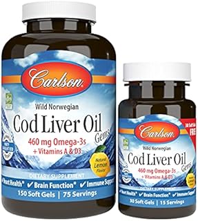 Carlson - Cod Liver Oil Gems, 460 mg Omega-3s + Vitamins A & D3, Wild-Caught Norwegian Arctic Cod Liver Oil, Sustainably Sourced Nordic Fish Oil Capsules, Lemon, 150+30 Softgels