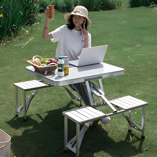 Image of Picnic Table with 4 Seats & Umbrella Hole | Heavy Duty Aluminium Outdoor Camping Table | Foldable Picnic Table Set for Garden, Beach, BBQ, Patio & Travel, H4