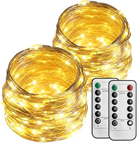 Preisvergleich Produktbild esLife 2 Stück 100 LED 10 meter Lichterkette, Batteriebetrieben Silberdraht Außenbeleuchtung IP65 Wasserdichte mit Fernbedienung und Timer für Weihnachtsfeier, Hochzeit, Garten(Warmweiß)