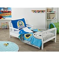 Kinder Valley Thomas and Friends Solid Pine 7 piece toddler bed bundle with Sydney toddler bed, Thick mattress, Soft Pillow, Duvet & Reversible Bedding Set