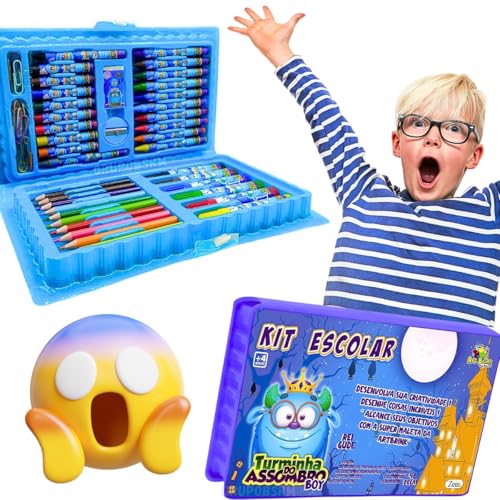 Kit Material Escolar Infantil 2026 Completo Feminino Presente Menina 4 Anos Volta às aulas Maleta Estojo Lapis Canetinhas Borracha Regua Tinta Pincel Apontador (Azul)