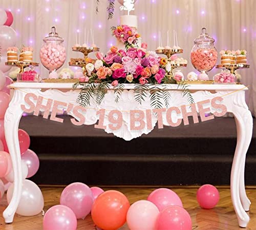 Image of She's 19 Bitches Banner 19th Birthday Decorations for Women, Funny Glitter Rose Gold Birthday Banner 19 Birthday Party Supplies