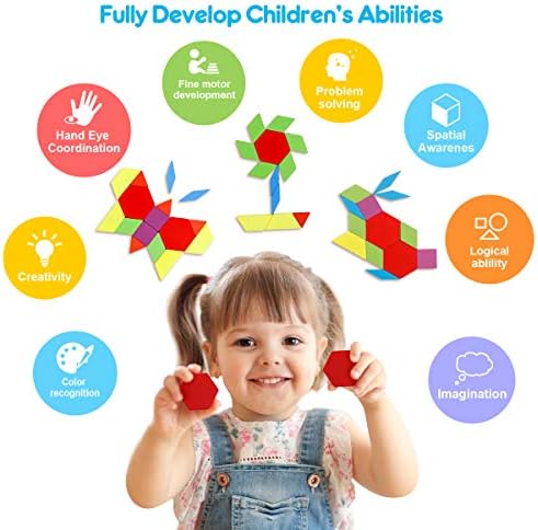 Coogam 160 PCS Wooden Shape Puzzle Pattern Blocks, Tangrams Geometric Brain Teaser Toy Game, Geo Montessori Preschool Learning Activity STEM Gift for Kids with 24 Pcs Design Cards 6 51ju9ASh+rL. AC