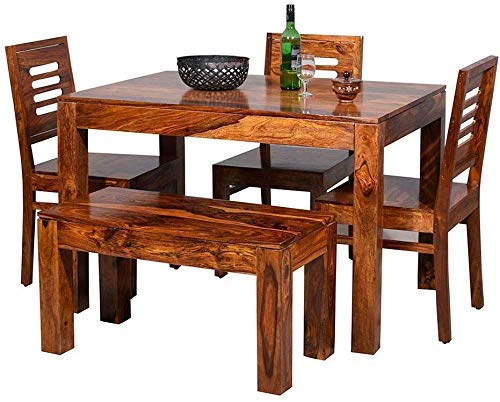 Shree Jeen Mata Enterprises - Solid Sheesham Wood Four Seater Dining Set|Wooden Dining Set With One Bench & Three Chairs For Dining Room|Hotel|Restaurant|Finish Color - Honey Finish| - 32X39X30 Inch-picture-10