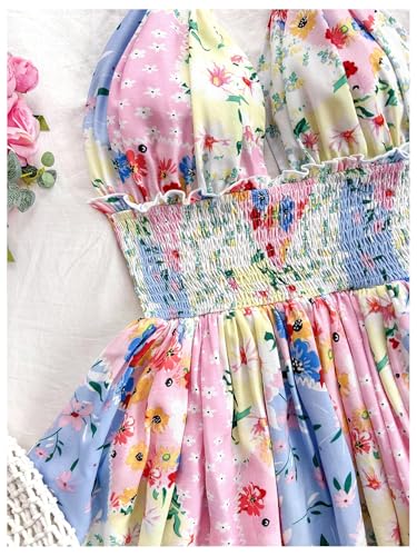 Image of MakeMeChic Women's Summer Mini Dress Floral Halter Ruffle Backless A Line Dresses Flowy Cami Vacation Sundress