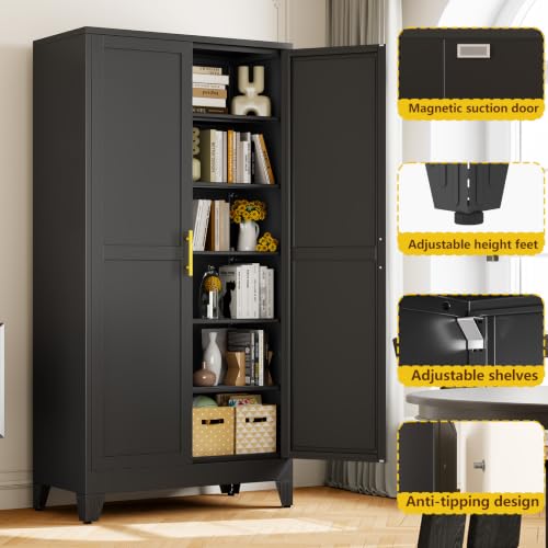 Image of PAOFIN Metal 79 inch Kitchen Pantry Cabinet, Pantry Storage Cabinet with Doors and 5 Adjustable Shelves, Freestanding Cupboard Kitchen Cabinet,Tall Cabinet for Living room,Pantry, Bathroom,Kitchen (Black)
