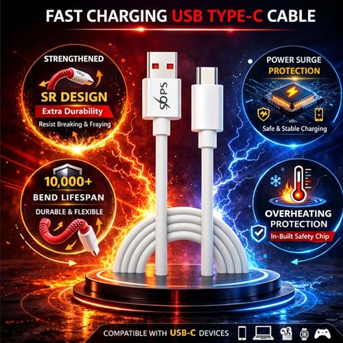 Image of 100W Fast Charging USB A to Type C Cable, 10A High Speed Charging & Data Sync Cable, Premium TPE USB C Charger Cable, Reinforced Connectors, 1 Meter, Compatible with USB Type-C Smartphone, White