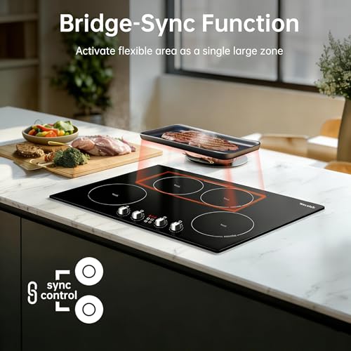 Image of 30 Inch Built-in Induction Cooktop, 7800W 4 Burner with Knob Control & Bridge-SYNC, Induction Stove with Booster, 10 Power Levels, Child Lock, Timer, Easy to Clean, 220-240V