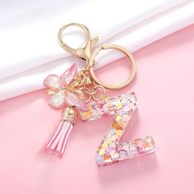 Image of GEOCARTER Lightweight Fashion Initial Letter Key Ring with Butterfly Pendant & Tassel, Stylish Purse Charm for Handbags, Car Keys, Gifts for Girls & Women