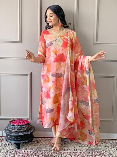 Image of Naixa Women's Taby Organza Embroidery Printed Straight Kurta with Pant and Dupatta Sets (R-Aarya)