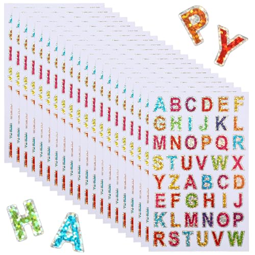 LIQWEI 20 hojas de pegatinas con letras brillantes, letras adhesivas de colores, letras del alfabeto, pequeñas letras autoadhesivas para manualidades, álbumes de recortes, decoración (1,5 cm)