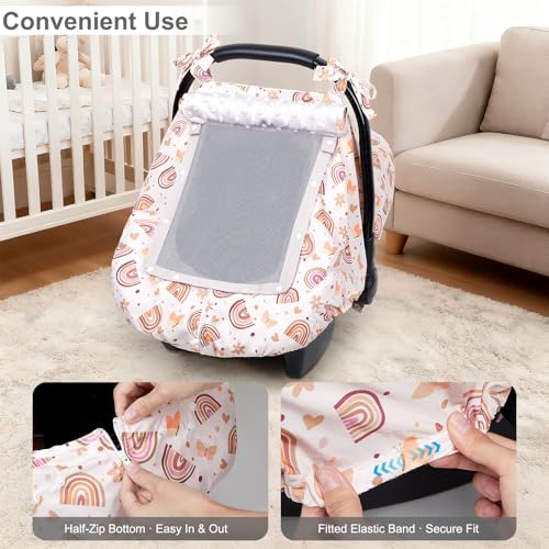 Image of FIOBEE Baby Car Seat Cover, Car Seat Covers for Babies Infant Car Seat Canopy with Breathable Mesh Window Waterproof Carseat Cover for Babies Boy Girl 4 Seasons, Brown Rainbow