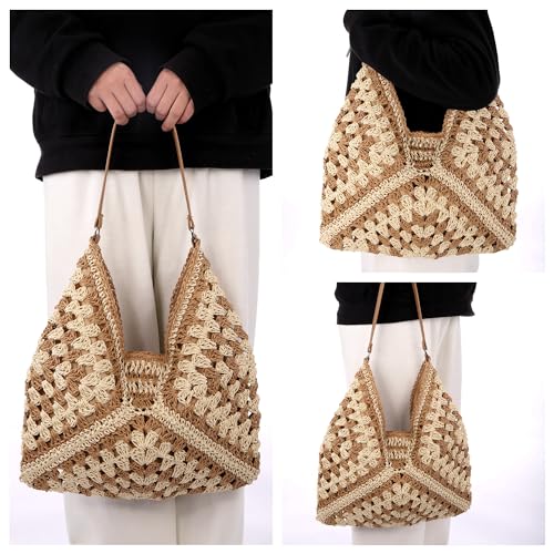 Image of Ayliss Straw Beach Bag Bucket Tote Handbag Women Shoulder Bag Hand Woven Summer Beach Purse Weaving Beach Bucket Bag