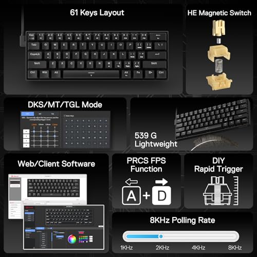 Image of Redragon K617 HE Rapid Trigger Gaming Keyboard, 60% 61 Keys Wired Mechanical Keyboard w /Hyper-Fast Actuation, Dedicated Hall Effect Magnetic Switch, Actuation Point Adjustable, Essential Black