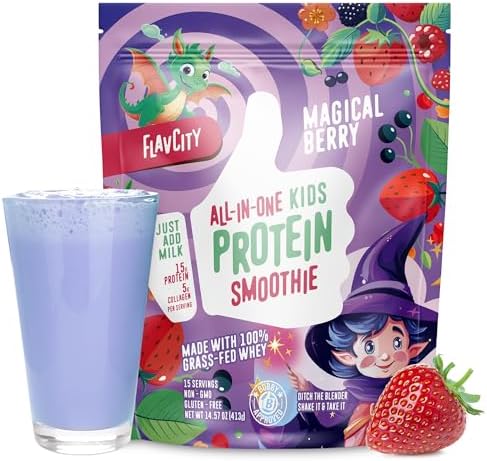 FlavCity Kids Protein Shake Powder - Magical Berry Smoothie - 15g Undenatured Whey Protein Powder for Kids - 5g Grass-Fed Bovine Collagen Peptides - Gluten-Free & Non-GMO (15 Servings)