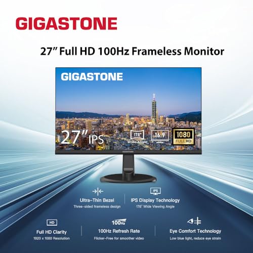 Image of Gigastone 27 inch IPS LED Back Light Monitor 100Hz FHD 1920 x 1080,178WideView,Frameless, Dual Monitor, MPRT 1ms, Built-in Speakers, Eye Care Technology, Ergonomic Tilt VESA Mount, HDMI VGA