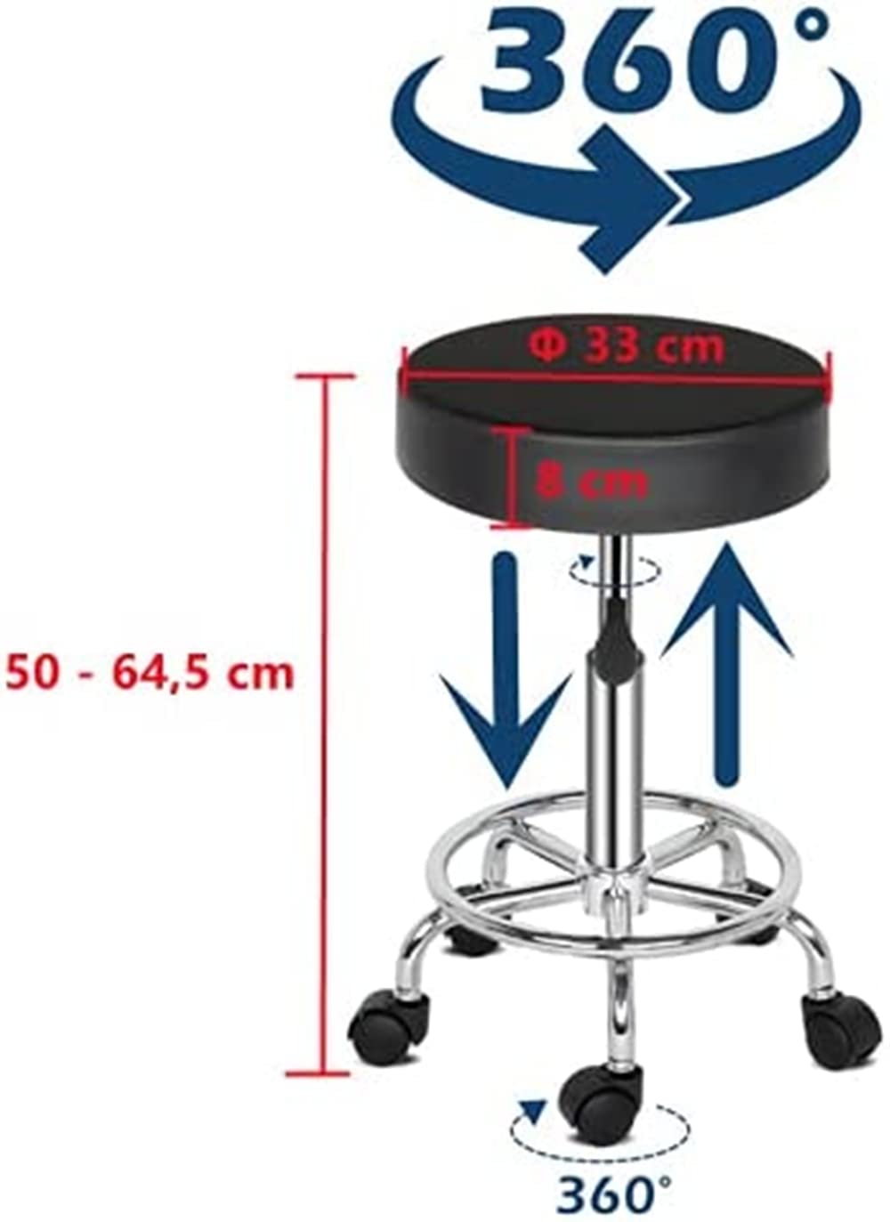 Sgabello Regolabile con Ruote,Sgabello Girevole in Similpelle Regolabile 50-64 cm per barbiere dentista piccola sedia da lavoro professionale girevole con ruote (Black, 2)