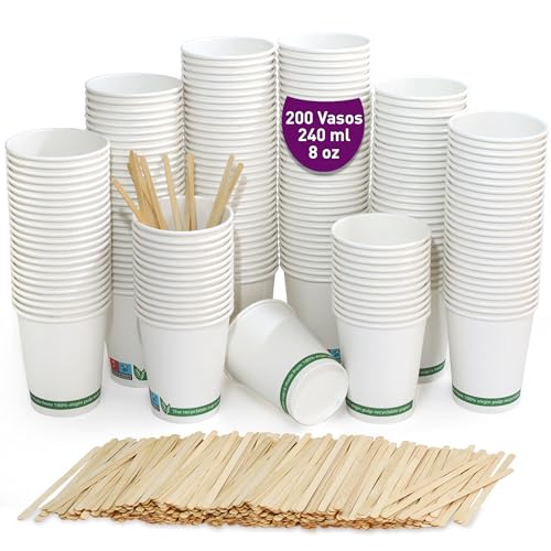 GoBeTree 200 vasos desechables café carton blanco de 240 ml / 8 oz, vasos de papel cartón blanco desechables con paletinas de madera para café. Para bebidas frías y calientes.