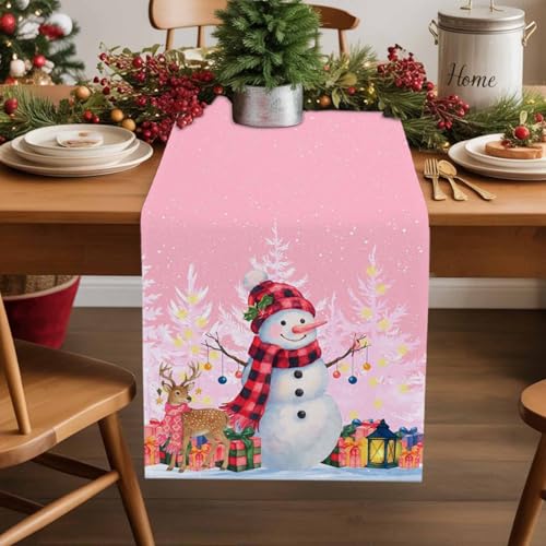 Koboosousyo テーブルランナー 食卓飾り クリスマス クリスマスツリー 雪だるま 贈り物 雪の結晶 ピンク テーブルセンター おしゃれ パーティー テーブル 食卓 上質 厚手 洗濯可 耐熱 33x91cm
