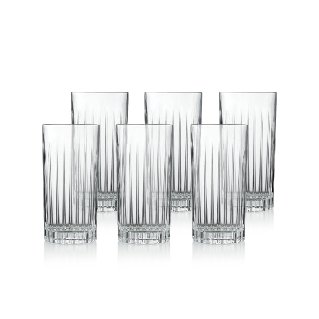 klink LONDON Hoxton Crystal Glass Highballs – Set of 6 Lead-Free Crystal Long Drink Glasses, 425ml Vertical Line Cocktail & Water Glasses, Dishwasher Safe