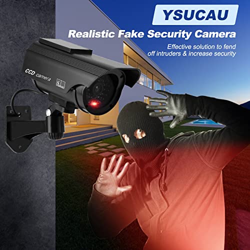 Ysucau Solar Powered Bullet Dummy Fake Simulated Surveillance Security Cctv Dome Camera Indoor/Outdoor Use With Flashing Red Led Light & Warning Security Alert Sticker Decal, 2 Packs, Black #TOP4
