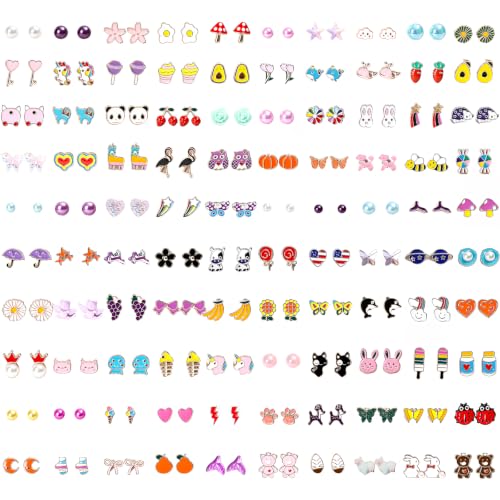 Image of NEWITIN 100 Pairs Colorful Cute Earrings for Girls Sensitive Ears Hypoallergenic Girl Stud Earrings Set Stainless Steel Cartoon Stud for Girls and Women