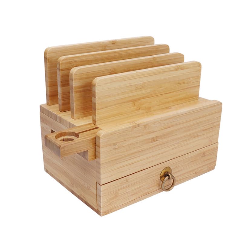 Gocokia Caja de bambú con 4 ranuras extraíble y soporte para reloj con cajón, estación de carga multidispositivo y organizador de cables, base para iWatch, smartphones, tabletas, portátiles