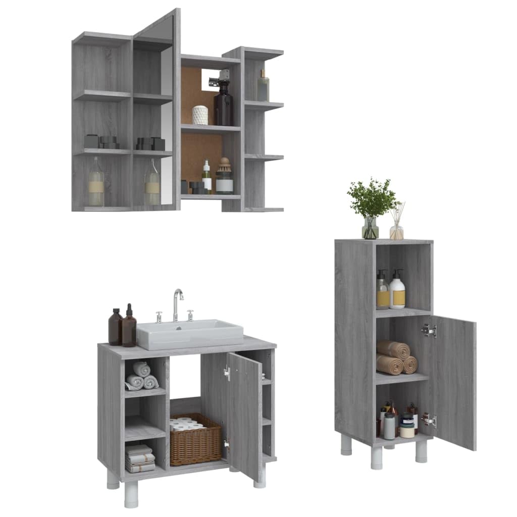 Gecheer Set Mobili da Bagno 3 pz Grigio Sonoma in Legno Multistrato-2221TT9