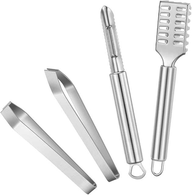 RMENOOR Fish Scaler Cleaner 4 Pieces Set Fish Scaler Stainless Steel Fish Scale Remover Fish Tweezers Fish Scale Descaler Peeler Tool for Fish Scaler Fish Bone Kitchen Cooking Tools (Silver)