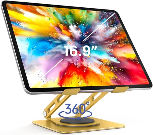 Image of LOXP Metal Tablet Stand, 360 Rotating iPad Stand with Heavy-Duty Base, Tablet Holder Compatible with 4.0-16.9 inch Device, iPad Pro Air Mini, Kindle, Surface Tablet, Portable Monitors - Gold