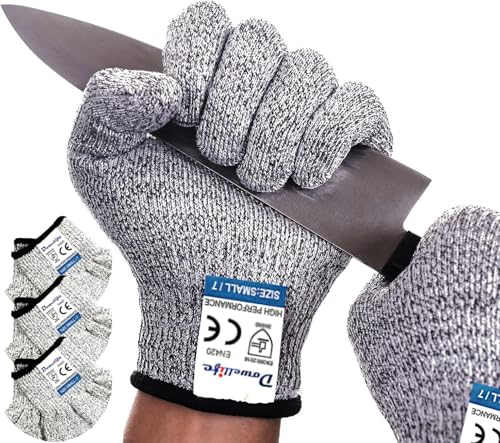 Image of Dowellife Cut Resistant Gloves Food Grade Level 5 Protection, Safety Kitchen Cuts Gloves for Oyster Shucking, Fish Fillet Processing, Mandolin Slicing, Meat Cutting and Wood Carving. (Small-3 Pairs)