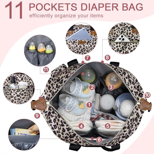 Image of Pritent Diaper Bag Tote - Diaper Baby Bags with Pacifier Case, Shoulder Straps, Stroller Clips, Waterproof Large Mommy Maternity Travel Baby Bag for Mom and Dad, Leopard, Medium
