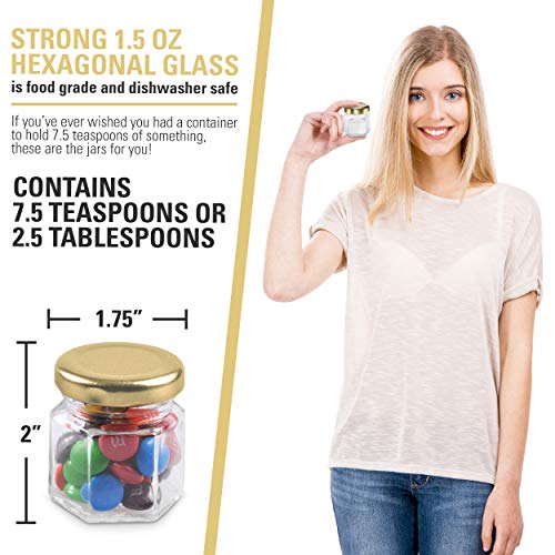 SKEMIX 1.5 oz Hexagon Mini Glass Jars with Gold Lids and Labels (Pack of 24) - Thumbnail 3