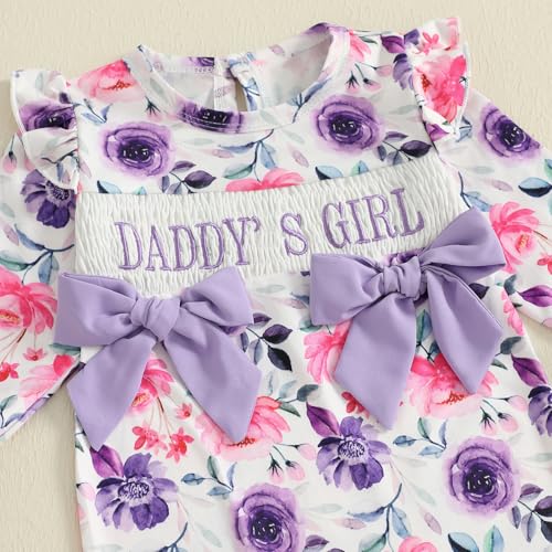 Newborn Baby Girl Fall Outfit Daddys Girl Floral Romper Ruffle Long Sleeve Bowknot Onesie Jumpsuit Winter Clothes3