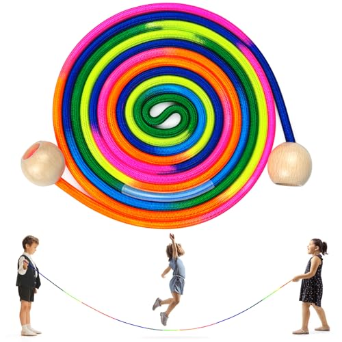 LeapBeast Springseil Kinder 5 M Langes Springseil Farbenfrohes Springseils für Mehrspieler Verstellbarer Hölzerne Kugelgriff 7 Farben Gruppenseil für Kinder & Erwachsene (1 Stück 5M)