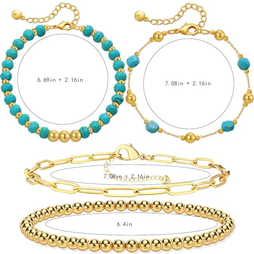 Myofeng 4 Pcs Turquoise Bracelets Bohemian wind 14K Gold Beaded Bracelets Stackable Adjustable Paperclip Link Stretch Bracelets Charm Jewelry Present for Women 5