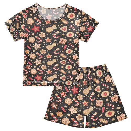 ALAZA Biscuit Candy Star Gingerbread Merry Christmas Pajamas Set Short Sleeve Cotton Sleepwear Summer Pjs 2 Piece 5-14Y